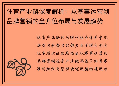 体育产业链深度解析：从赛事运营到品牌营销的全方位布局与发展趋势