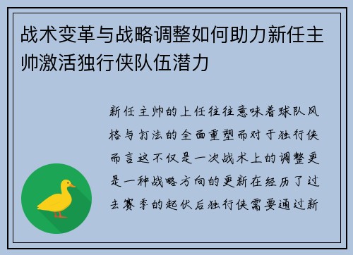战术变革与战略调整如何助力新任主帅激活独行侠队伍潜力